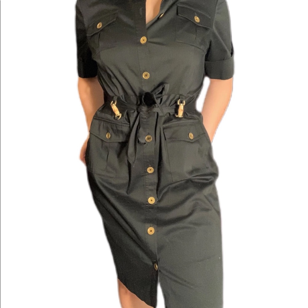 Jones New York petite button up sheath dress w tie waist bamboo buckle k…